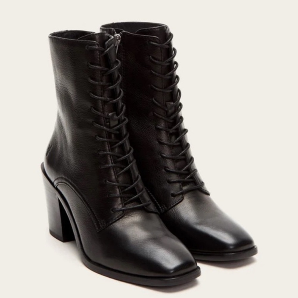 Frye Georgia Lace Up Heels Boots in Black Leather